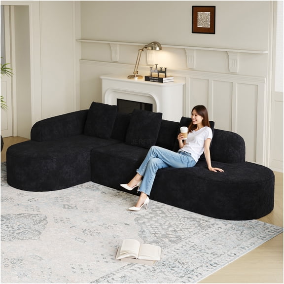 JERFIT Modern L-Shaped Curved Modular Sofa with Chaise, 3-Seater, Lychee Texture Fabric, Black