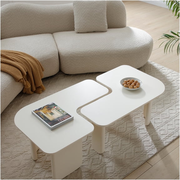 JERFIT Modern L-Shaped Nesting Coffee Table Set, 2-Piece Farmhouse Sofa Side Tables for Small Space, Waterproof Fiberboard, White for Living Room Apartment