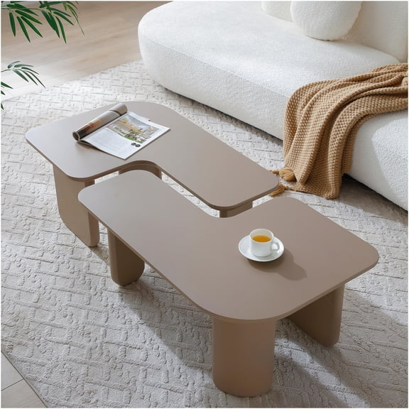 JERFIT Modern L-Shaped Nesting Coffee Table Set, 2-Piece Freestanding Sofa Side Tables with Frosted Finish for Living Room, Apartment, Khaki