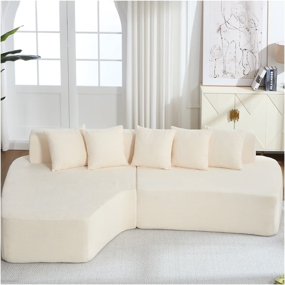 JERFIT Modern L-Shaped Sectional Sofa with Chaise, 110" Modular Cloud Couch Sleeper with Memory Foam, Ivory Flannelette Fabric for Living Room, No Assembly Required