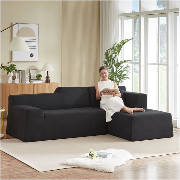 JERFIT Modern L-Shaped Sectional Sofa Couch with High Back, 3-Seater Corduroy Fabric, Foam and Spring Cushions for Living Room, Black