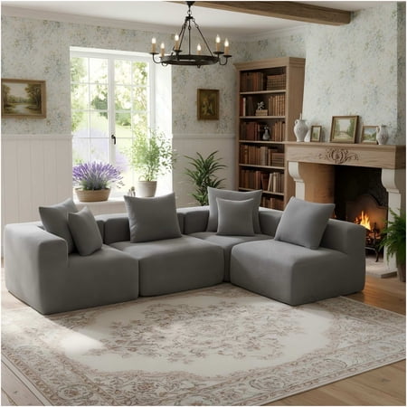 JERFIT Modern L-Shaped Sectional Sofa Couch with Pillows, Plush Flannelette Fabric, Deep Seating for Living Room, Space-Saving Design, Grey