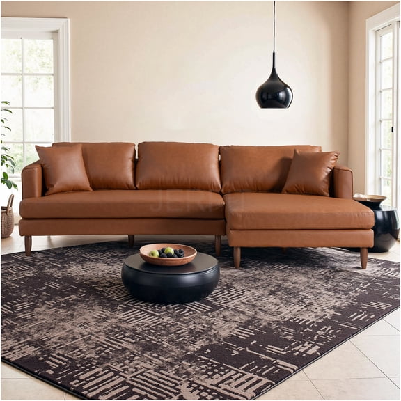 JERFIT Modern L-Shaped Sectional Sofa Right Facing, Cognac Vegan Leather 3-Seat Contemporary Chaise Lounge for Living Room