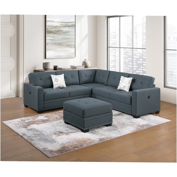 JERFIT Modern L-Shaped Sectional Sofa Set with USB Charging, Ottoman and Wedge, Dark Gray Fabric Couch for Living Room