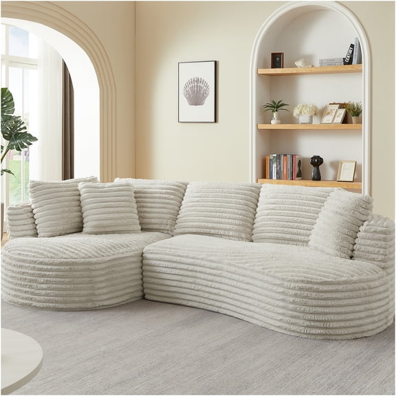 JERFIT Modern L-Shaped Sectional Sofa with Chaise, Cream Corduroy Fabric, No Assembly Required Sleeper Couch for Living Room and Apartment