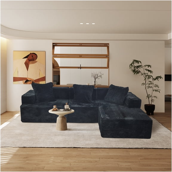 JERFIT Modern L-Shaped Sectional Sofa with Chaise, Plush Foam Couch, Sleeper Loveseat for Small Spaces, Apartment Living Room, Corduroy Fabric, Black