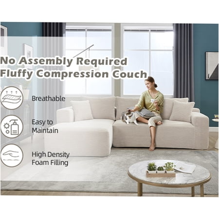 JERFIT Modern L-Shaped Sectional Sofa with Chaise, Plush Memory Foam, Beige Fabric Couch for Living Room, No Assembly Required, Left Facing Recliner