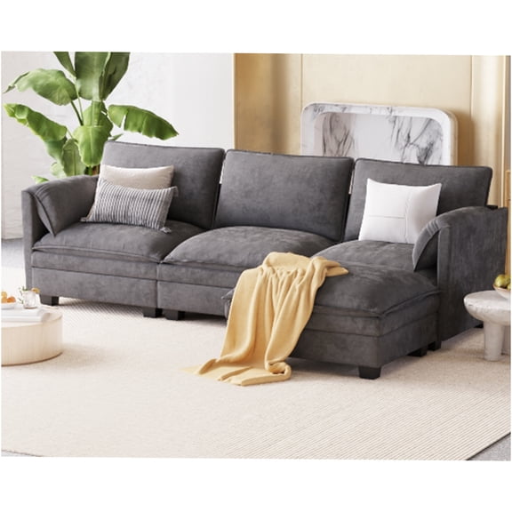 JERFIT Modern L-Shaped Sectional Sofa with Movable Ottoman, Large Fabric 3 Seater Couch for Living Room, Gray