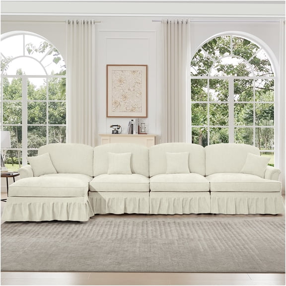 JERFIT Modern L-Shaped Sectional Sofa with Ottoman, Chenille Fabric Convertible Couch for Living Room, Beige and White