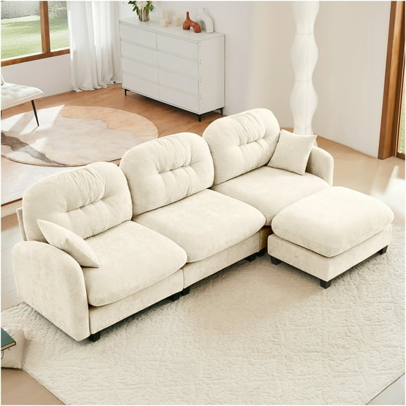 JERFIT Modern L-Shaped Sectional Sofa with Ottoman, Chenille Fabric, Tufted Back, Modular Design for Living Room, Beige