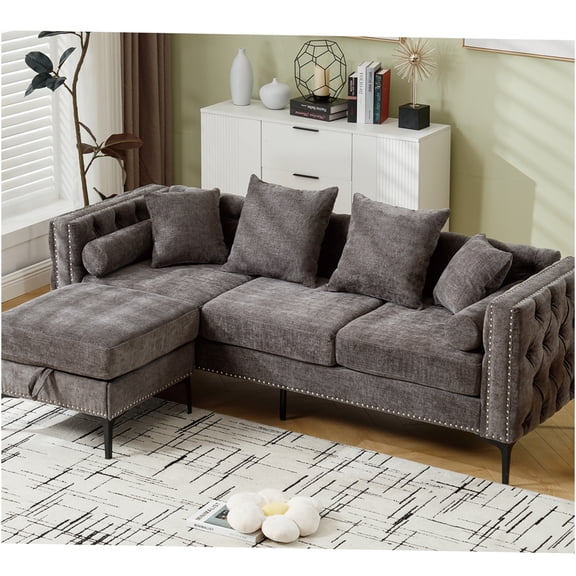 JERFIT Modern L-Shaped Sectional Sofa with Storage Ottoman, Convertible Chenille Couch, Dark Gray, 3-Seater, Nailhead Trim, Square Arms