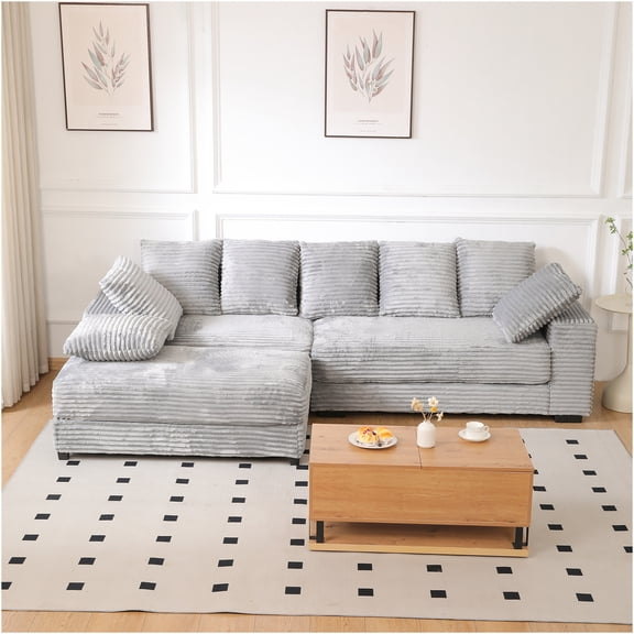 JERFIT Modern L-Shaped Sectional Sofa with Storage Ottoman, Grey Corduroy Fabric Couch for Living Room, Large Chaise Lounge with Pillows