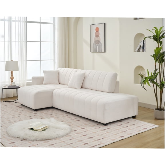JERFIT Modern L-Shaped Sofa with Reversible Chaise, Plush Beige Wool Fabric, Tufted Back, Corner Couch for Small Space