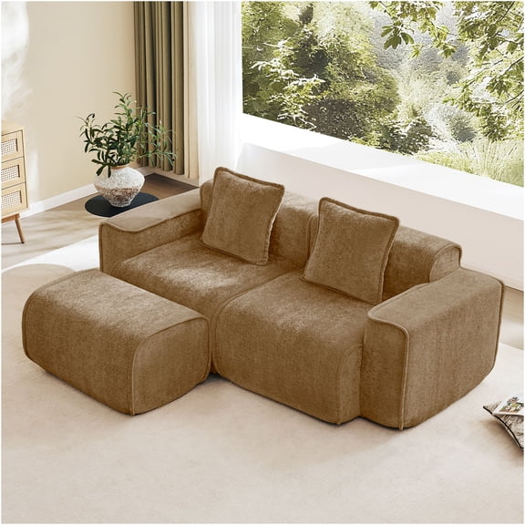 JERFIT Modern L-Shaped Velvet Sectional Sofa with Ottoman, No Assembly Required 2-Seater Loveseat for Small Space, Plush Boneless Design with Pillows, Brown