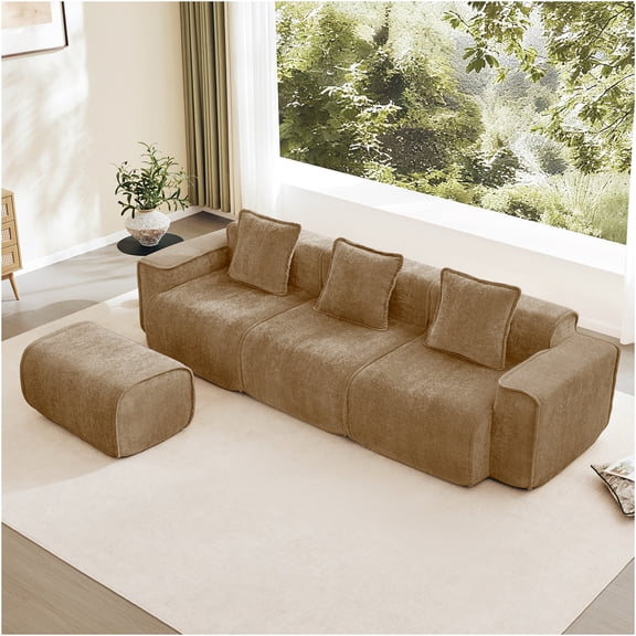 JERFIT Modern L-Shaped Velvet Sectional Sofa with Ottoman, No Assembly Modular 3-Seater Couch, Plush Boneless Design for Living Room, Brown