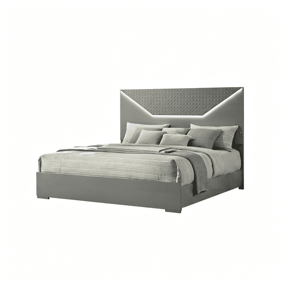 JERFIT Modern LED Platform Bed, Eastern King Size, Grey High Gloss Wood Bed Frame with Diamond Headboard & Touch Control Lighting