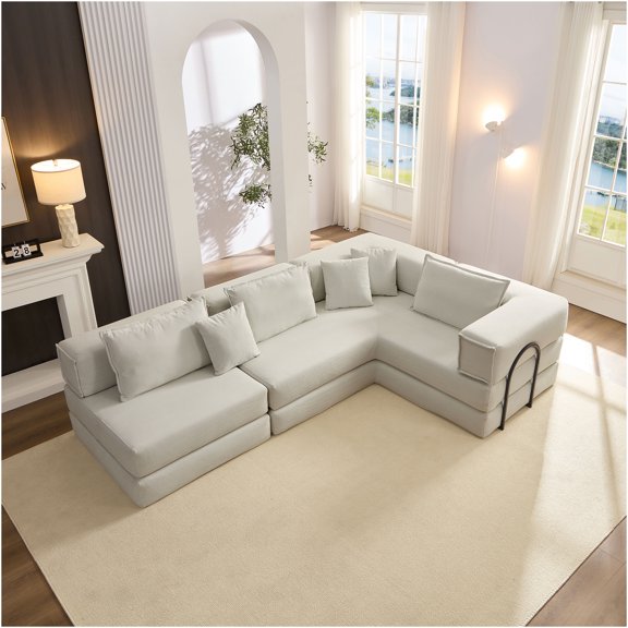 JERFIT Modern Large L-Shaped Corduroy Sectional Sofa with Pillows, Modular Floor Couch for Living Room, Apartment, Light Grey