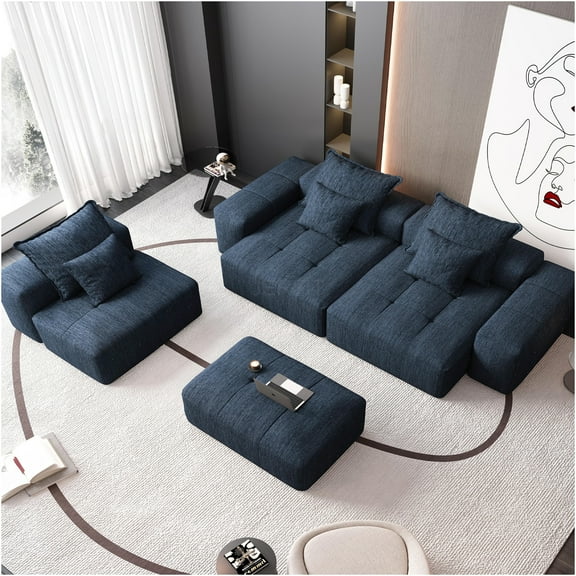 JERFIT Modern Large Sectional Sofa with Pillows, DIY Modular Chenille Fabric Couch, No Assembly Required, Blue Living Room Furniture