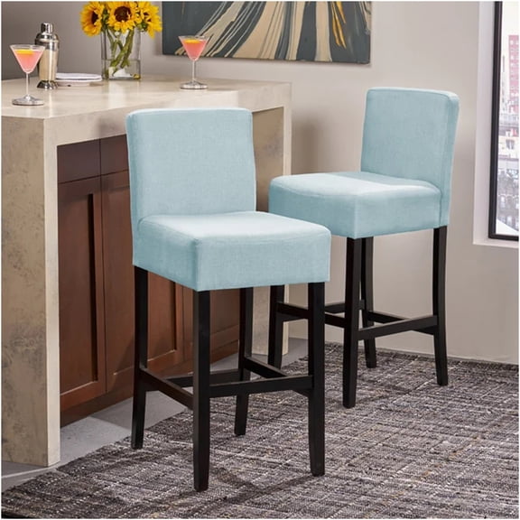 JERFIT Modern Light Blue Fabric Bar Stools Set of 2 for Kitchen Island, Counter Height with L-Shaped Backrest & Rubberwood Legs