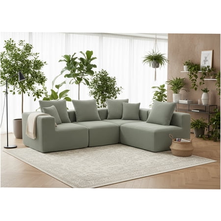 JERFIT Modern Light Green Flannelette Modular Sofa Set, 4-Seat L-Shaped Sectional Couch with Reversible Chaise, All-Foam Support for Living Room, Compact Shipping, Easy Assembly