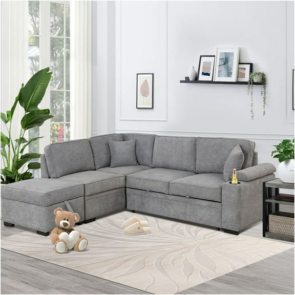 JERFIT Modern Linen L-Shaped Sleeper Sofa Bed with Storage Ottoman, Convertible Sectional Couch for Small Spaces, Gray