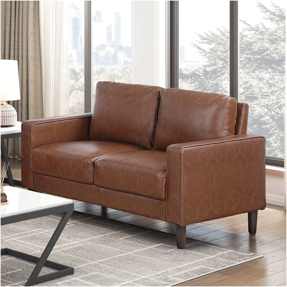 JERFIT Modern Loveseat Sofa, 54" Small Couch for Living Room, Chocolate Faux Leather Upholstery, Solid Wood Frame, Transitional Design with Attached Cushions
