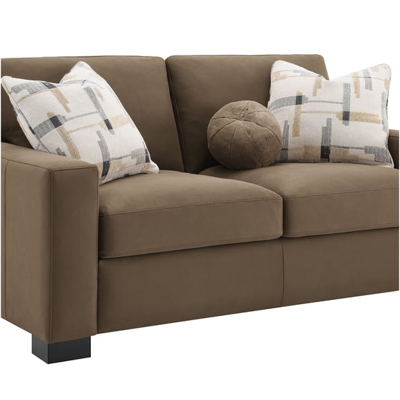 JERFIT Modern Loveseat Sofa with Pillows, Brown Faux Suede Fabric Couch for Small Space, Sturdy Wood Frame, Comfortable 2-Seater