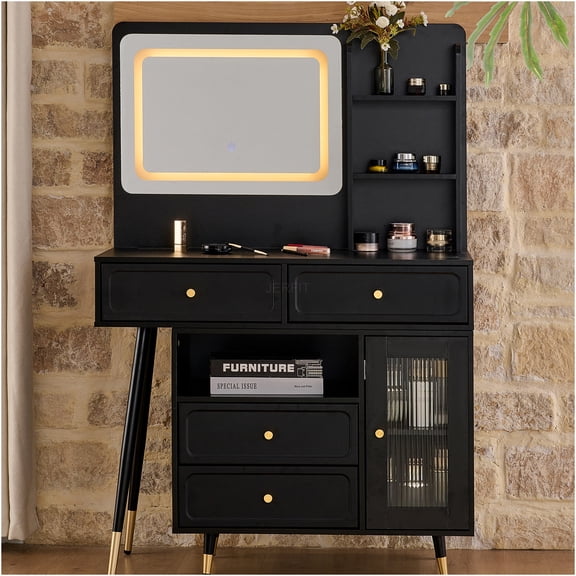 JERFIT Modern Makeup Vanity Desk Set with LED Lighted Mirror, Power Outlet, Adjustable Storage Cabinet & Stool for Bedroom, Black