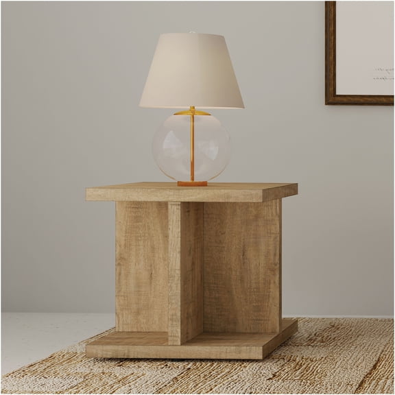 JERFIT Modern Mango Wood Finish End Table, 23.5" Square Cube Nightstand with Open Storage Shelf for Living Room, Bedroom