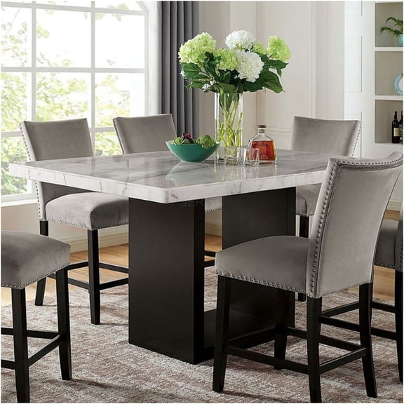 JERFIT Modern Marble Dining Table for 6, Rectangular Counter Height Table with Solid Wood Base, Black or White, Transitional Contemporary Style