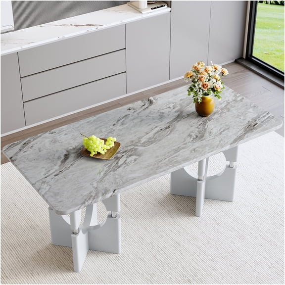JERFIT Modern Marble Dining Table for Small Spaces, Kitchen Table with Metal Frame, Compact Apartment Furniture in Gray