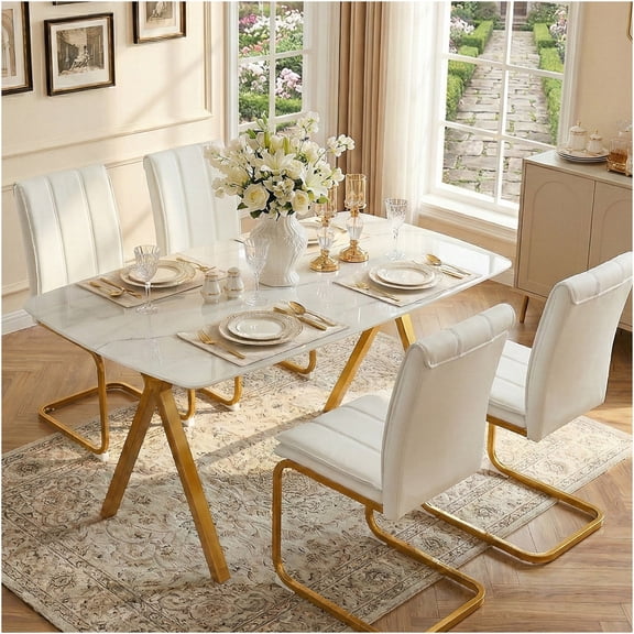 JERFIT Modern Marble Pattern Rectangular Dining Table with Tempered Glass Top and Gold Metal Legs for Kitchen Restaurant Cafe