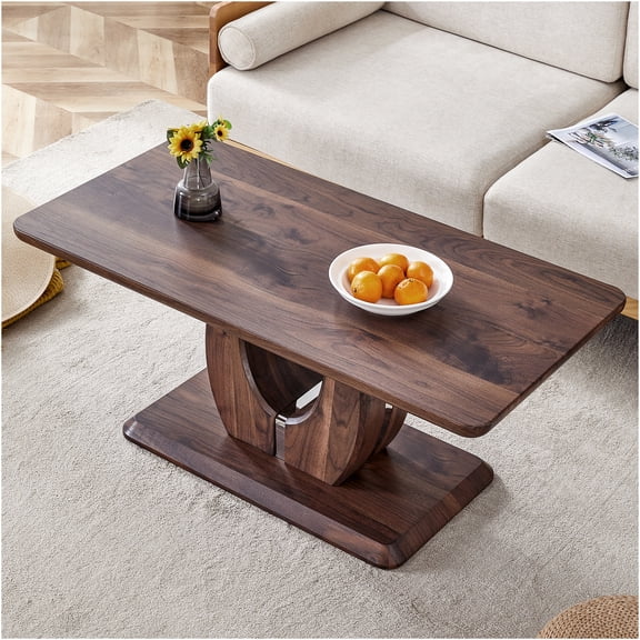 JERFIT Modern Minimalist Coffee Table, Walnut Finish Rectangular Side Table with Silver Accents for Living Room