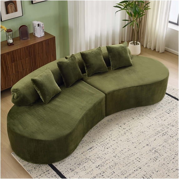 JERFIT Modern Minimalist Curved Modular Sofa Set, 4-Seater Plush Sectional Couch with Springs, Foam Filled, Dark Green Fabric for Living Room
