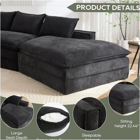 JERFIT Modern Minimalist Modular Sectional Sofa with Right Chaise, Plush Fabric Upholstery Deep Seat Couch for Living Room, Apartment, Black