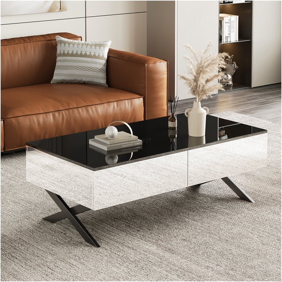 JERFIT Modern Mirrored Coffee Table with 2 Storage Drawers, Black High Gloss Rectangle Console Table with Metal Base for Living Room