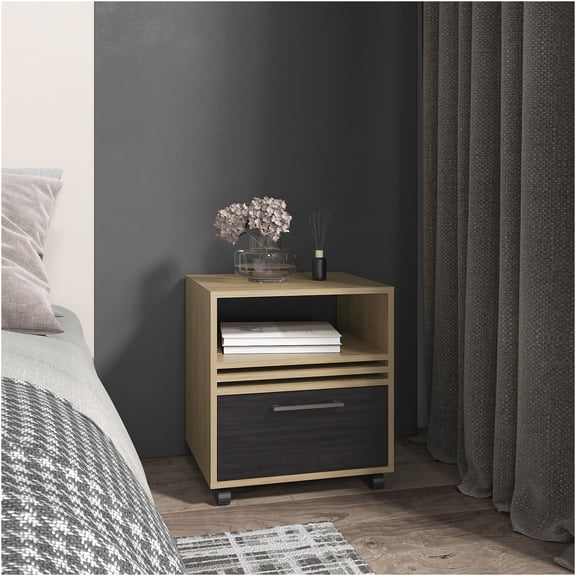 JERFIT Modern Mobile Nightstand with Drawer and Shelf, Natural Oak Finish, Compact Bedside Table on Casters for Small Spaces