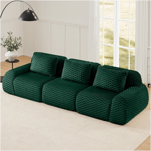 JERFIT Modern Modular Sectional Sofa 3 Seater, Deep Seat Flannelette Fabric Couch with Footrest, No Assembly Required, Curved Armrest, Anti-Slip Base, Living Room Furniture, Green