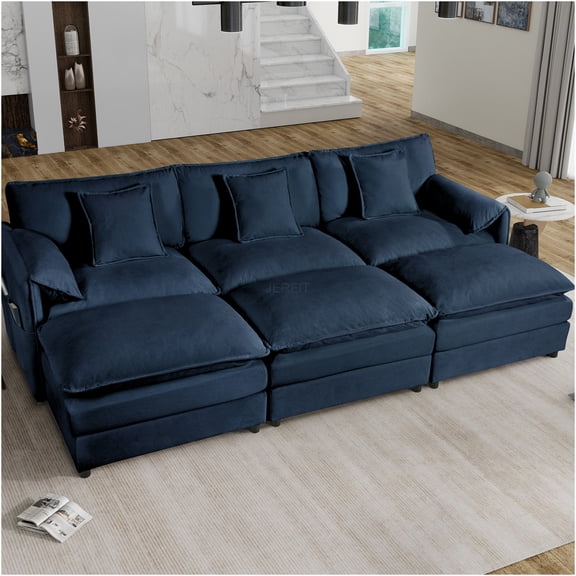 JERFIT Modern Modular Sectional Sofa with Ottomans, Extra Deep Seating Cloud Couch Sleeper Bed, Plush Chenille Fabric for Living Room, Apartment, Blue