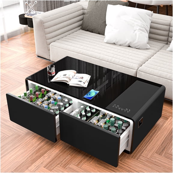 JERFIT Modern Multifunctional Smart Coffee Table with Refrigerator, Bluetooth Speaker, Wireless Charger, USB/Type-C Ports, Power Outlet, RGB Lighting for Living Room