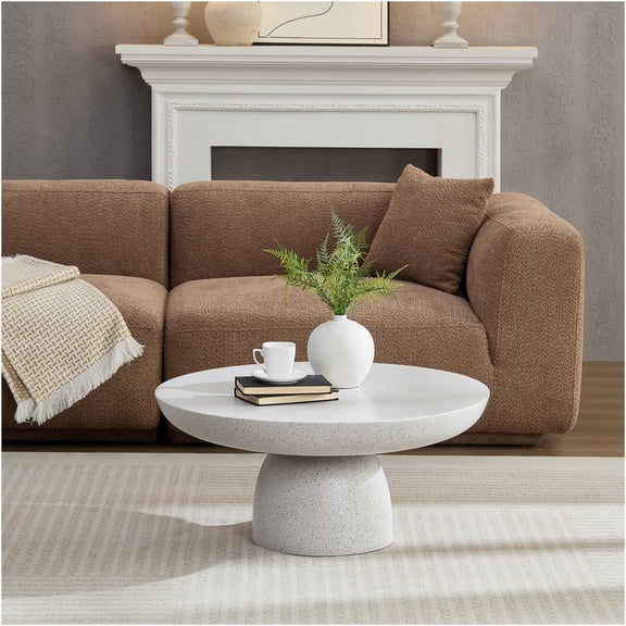 JERFIT Modern Mushroom Pedestal Coffee Table for Living Room, Beige Fiberglass Accent Table with Stone Texture, Round End Table for Small Space