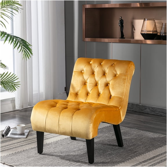 JERFIT Modern Mustard Velvet Accent Chair, Armless Upholstered Barrel Chair with Button Tufted Back and Wood Legs for Living Room, Bedroom, Office