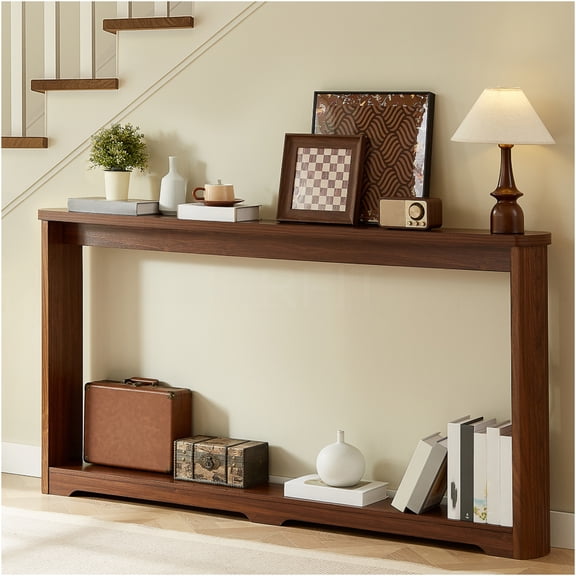 JERFIT Modern Narrow Console Table with Storage Shelf, 70" Sofa Table for Hallway, Entryway & Behind Couch, Waterproof MDF, Walnut Finish