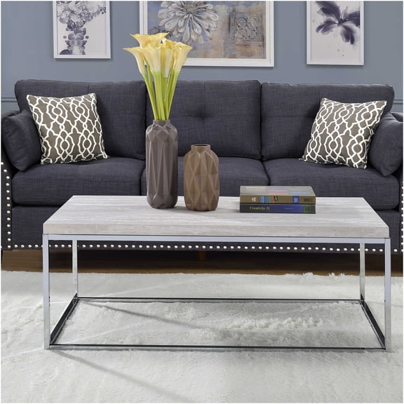 JERFIT Modern Natural Wood Coffee Table with Chrome Metal Sled Base, Rectangle Center Table for Living Room