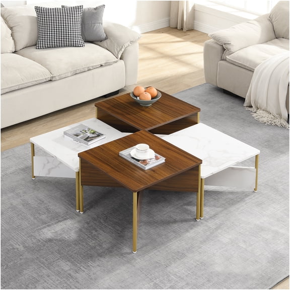 JERFIT Modern Nesting Coffee Table Set of 4, Adjustable Shape Square Living Room Tables with Metal Legs, White Marble and Walnut Finish
