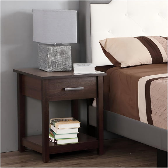JERFIT Modern Nightstand, 20" Wide Bedside Table with Drawer, Brown Wenge Finish, Compact Bedroom Furniture
