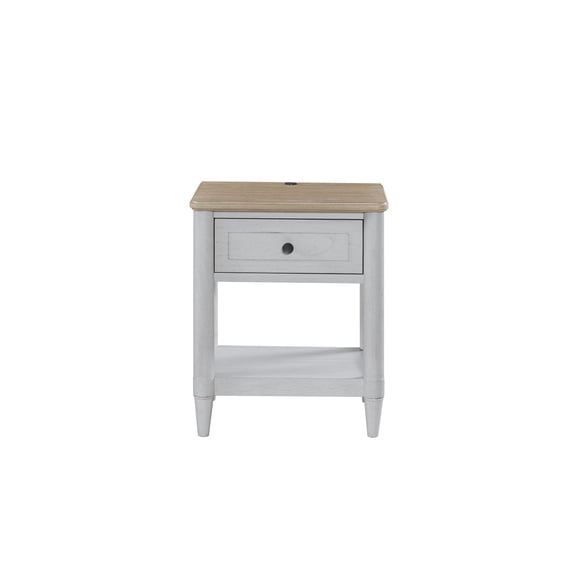 JERFIT Modern Nightstand with Charging Station, White Small Bedside Table with Drawer and Shelf, Industrial Cement Finish Solid Wood Accent Table for Bedroom