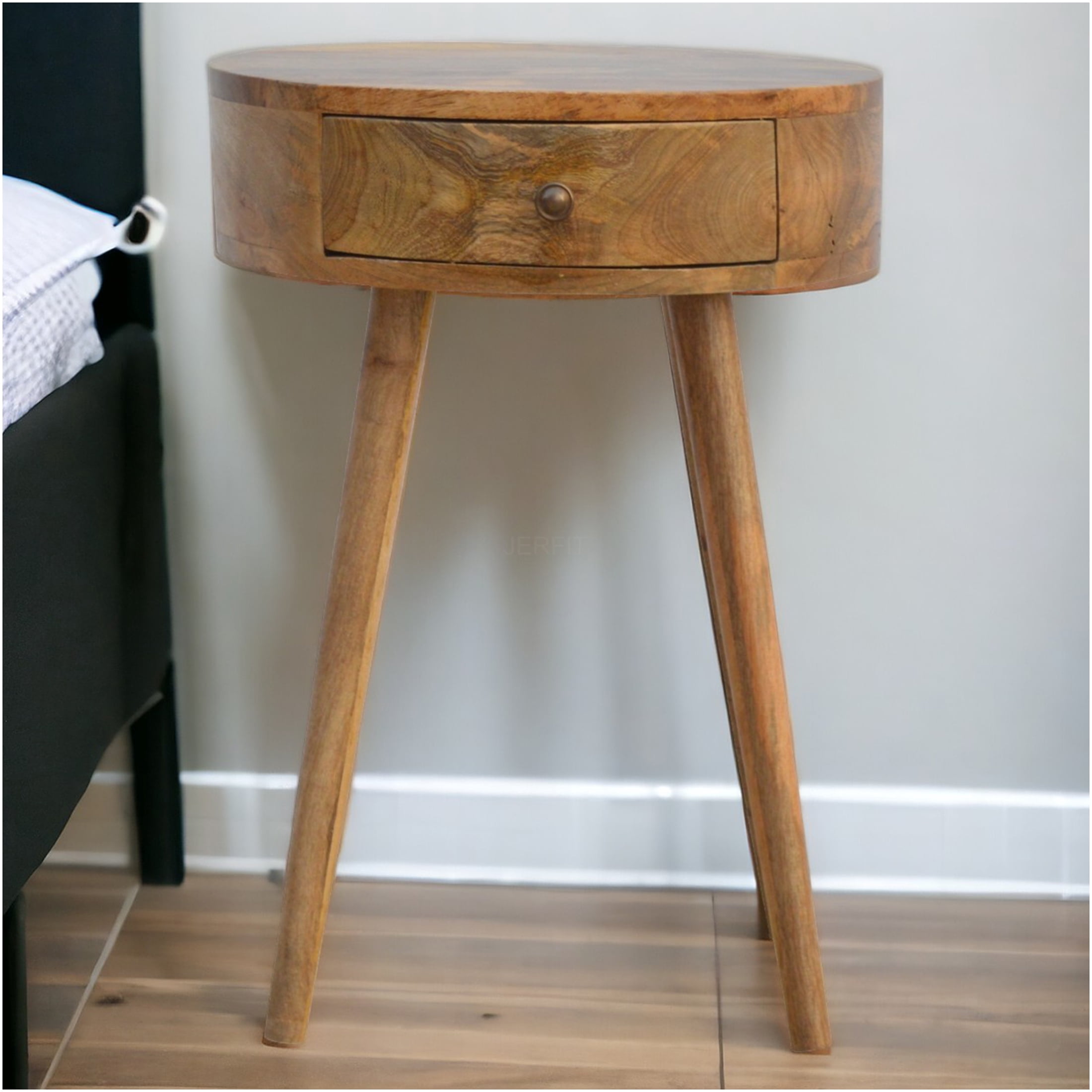 JERFIT Modern Nightstand with Drawer, Round Solid Wood Bedside Table ...