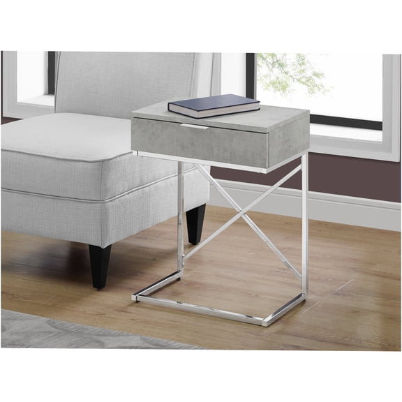 JERFIT Modern Nightstand Table with Drawer, Grey Laminate Accent Table with Chrome X-Base for Bedroom, Living Room, Office
