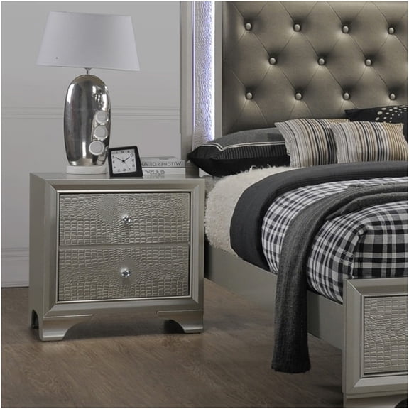 JERFIT Modern Nightstand with 2 Drawers, Champagne Finish Crocodile Embossed Bedside Table, Solid Wood Accent Chest